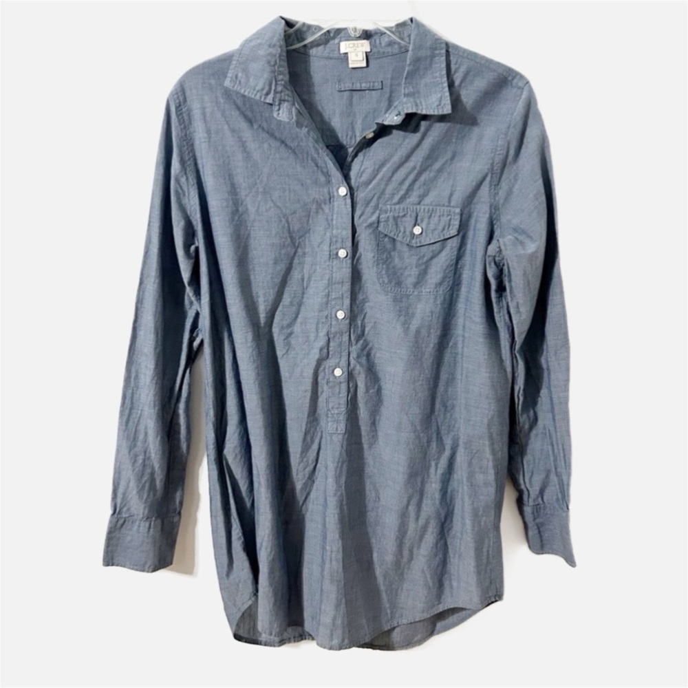 J Crew Factory Chambray Partially Buttoned Pointed Collar Tunic Length Blouse 💙
